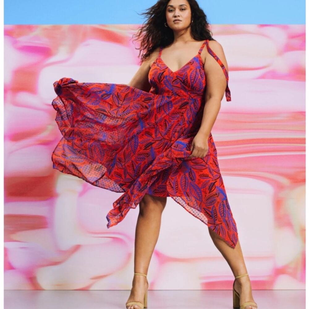 Alexis x Target Tropical Leaf Tie Shoulder Red Blue Handkerchief Midi Dress XS